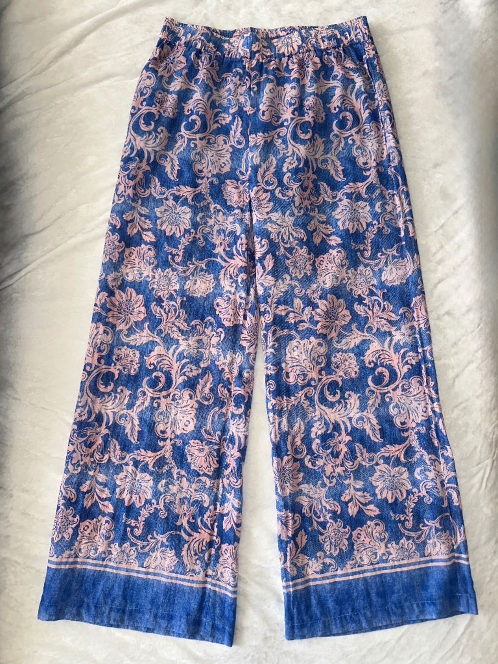 Johnny Was Florentina Wide Leg Pants Blue Pink Floral Bohemian Artsy Vacation